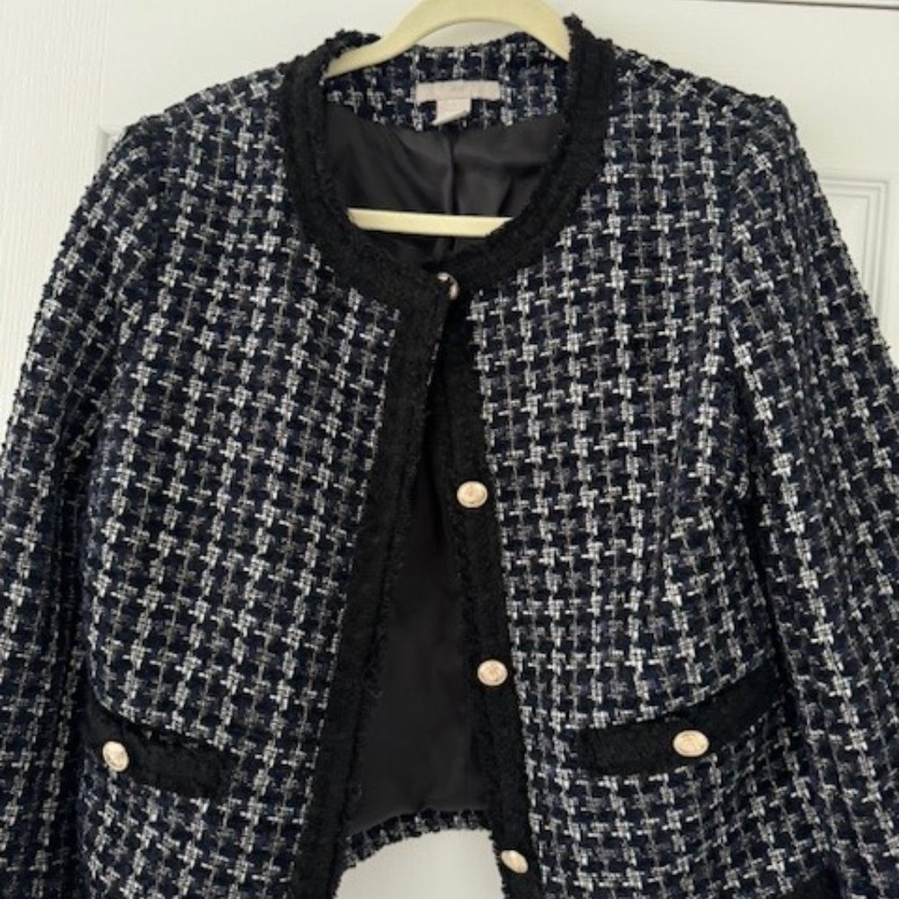 H and M Boucle Black Jacket with Gold Buttons, Blue Detail SIZE 12
